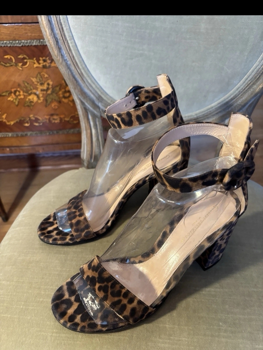 Gianvito Rossi Leopard Print Block Heel Sandals with Clear Straps